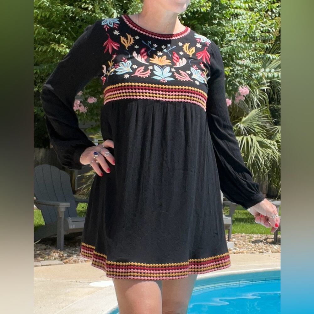 Savanna Jane Black and Pink Embroidered Babydoll Dress with Bishop Sleeves